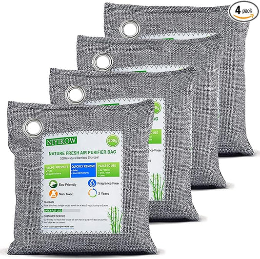 NIYIKOW Charcoal Bags Odor Absorber (Large, 4Pack x 200g), Nature Fresh Bamboo Charcoal Air Purifying Bags, Activated Charcoal Odor Absorber for Home, Car, Closet, Pets, Basement Odor Eliminator -Grey