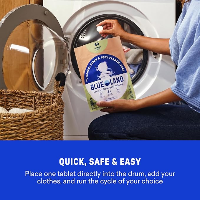 BLUELAND Laundry Detergent Tablets, Starter Set, 60 Count with Tin, Plastic-Free Eco-Friendly Pods, Sheets, Liquid Alternative - Fragrance Free and Clear, Natural, Gentle