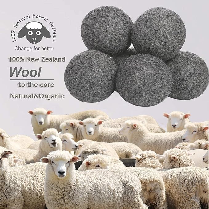 Wool Dryer Balls Dark Grey XL 6-Pack, 100% New Zealand Organic Fabric Softener for 1000+ Loads, Baby Safe & Hypoallergenic, Reduce Wrinkles & Shorten Drying Time Naturally (6pcs Grey-XL)