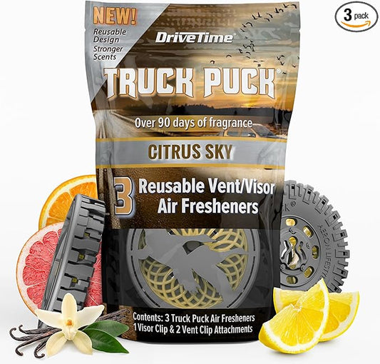 Drive Time Truck Puck Citrus Sky Fragrancee Car Air Freshener – Long-Lasting Car Deodorizer, Refillable Vent & Visor Clip Auto Air Freshener for Car, Truck & SUV, Premium Fragrance, Pack of 3
