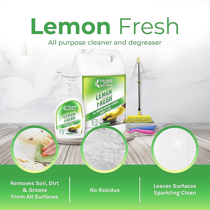 Hygea Natural Lemon Fresh All Purpose Cleaner - Multi-Surface Cleaner - Removes Soil, Dirt & Grease - Wet Gloss Finish - pH-Neutral & Ammonia Free (24oz Spray & 128oz Gallon)