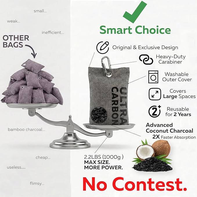 2.2 lbs (1000g) Activated Coconut Charcoal Odor Absorber for Strong Odor in Car, Home, Closet - Large Natural Air Purifying Bag - Non Toxic Deodorizer Odors Eliminator for Car Smoke Dog Cat Pet Smell