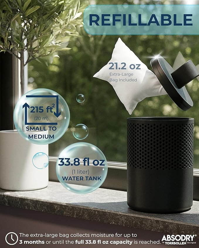 Absodry by Torrbollen Moisture Absorber 1.3lb Bag — Dehumidifier for Bedroom, Electricity & Battery Free Dehumidifiers for Home, Air Freshener and Purifier for Home Up to 90 Days, 269 ft² (Black)