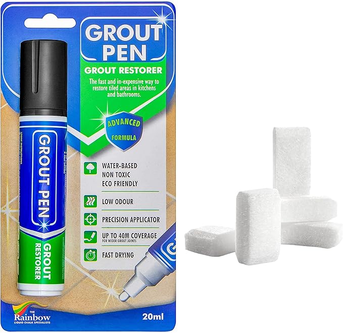 Grout Pen Tile Paint Marker: Black Wide 15mm with 5 Pack Replacement Tips - Waterproof Grout Colorant and Sealer Pen to Renew, Repair, and Refresh Tile Grout - Cleaner Coating Stain Pens