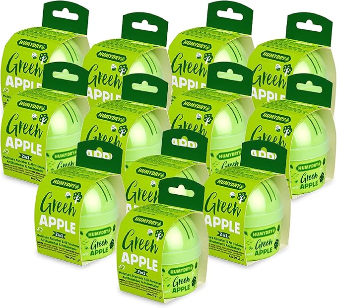 HUMYDRY Moisture Absorber Device, Mini Pack of 12 of 2.6oz, Small Space Dehumidifier and Air Freshener with Green Apple Scent, Non Electric Humidity Absorber for Closet Bedroom and Compact Areas