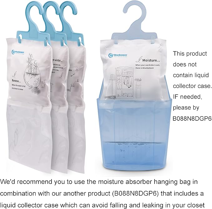 Moisture Absorber Refill Hanging Bags, 12 Pack (200g Each) – Calcium Chloride Dehumidifier Bags with 6 Reusable Hooks, Closet & Bathroom Dehumidifier Bags