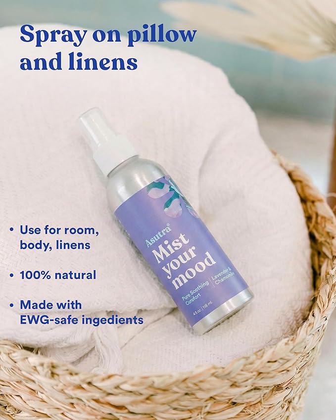 ASUTRA Multi-Use Essential Oil Aromatherapy Pillow Spray (Lavender & Chamomile), 4 fl oz Aluminum Bottle – Mist for Face, Body, Rooms & Linens – Car, Fabric, and Bathroom Freshener