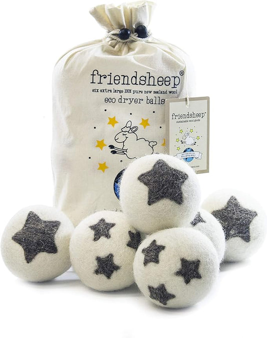 Friendsheep Wool Dryer Balls, Organic Reusable Fabric Softener Alternative for Laundry, Handmade, Fair Trade, Hypoallergenic, Eco-Friendly, Plastic-Free (6 Pack XL ??Stars Galore)