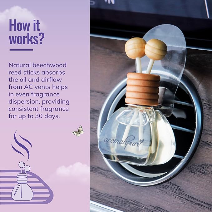 Premium Car Perfume Vent Clip |14 ML |Lavender Fragrance Car Air Freshener |Natural Essential Fragrance Oils in Glass Bottle with Wooden Reed Sticks|Long Lasting upto 30 days