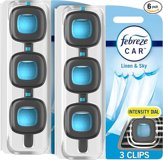 Febreze Car Odor-Fighting Car Freshener Vent Clip Linen & Sky, 0.06 fl oz, 3 Ct Pack of 2