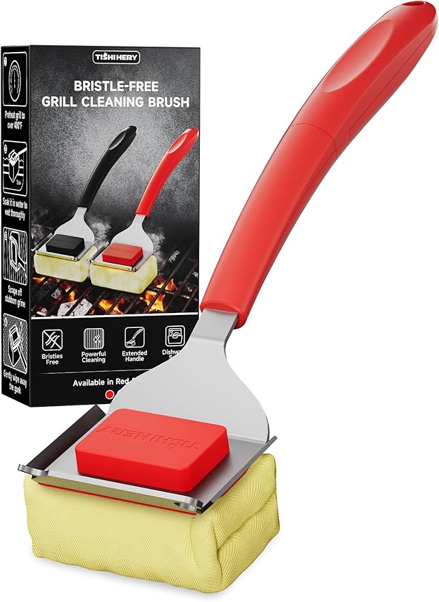 Bristle Free Grill Brush with Scraper for Outdoor Grill Cleaning, Safe Steam BBQ Grill Cleaner, Replaceable Head, Grilling Accessories for Cast Iron, Stainless Steel, Porcelain, Ceramic Grates - Red