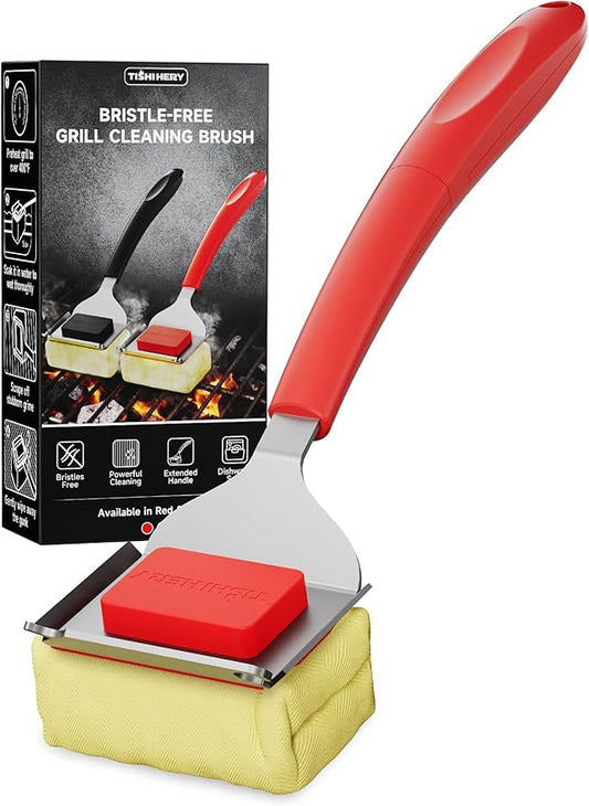Bristle Free Grill Brush with Scraper for Outdoor Grill Cleaning, Safe Steam BBQ Grill Cleaner, Replaceable Head, Grilling Accessories for Cast Iron, Stainless Steel, Porcelain, Ceramic Grates - Red
