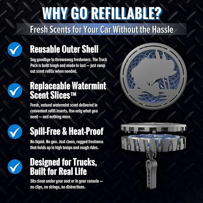 Drive Time Truck Puck Watermint Fragrancee Car Air Freshener – Long-Lasting Car Deodorizer, Refillable Vent & Visor Clip Auto Air Freshener for Car, Truck & SUV, Premium Fragrance, Pack of 3