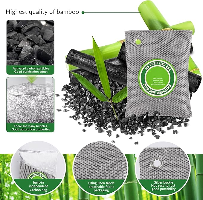 2 Bags Natural Air Purifying Bag | Bamboo Charcoal Odor Absorber for Home & Car | Closet Odor Eliminator, Small Room Deodorizer & Car Air Freshener | Charcoal Bags (200g- gray, Unscented)