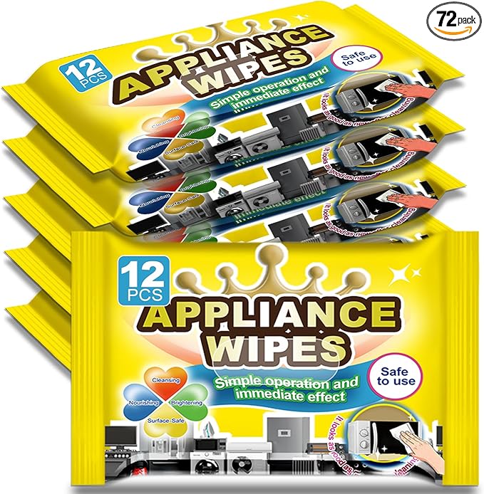 72Pcs Appliance Wipes for Cleaning Washing Machine, Dryer Stainless Steel Refrigerator, Glass Cooktop, Microwave, Dishwasher, Counter, Tile
