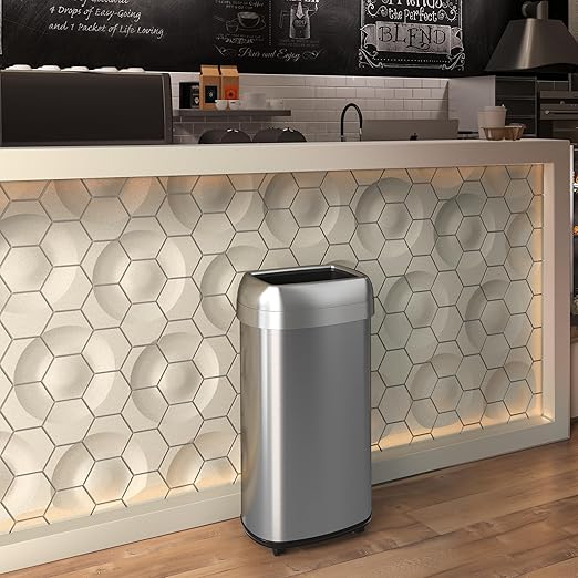 iTouchless 16 Gallon Open Top Kitchen Trash Can Recycling Bin with Wheels and Double Odor Filters Oval Commercial Stainless Steel 60 Liter Trashcan for Home Office Work Bedroom Livingroom Garage