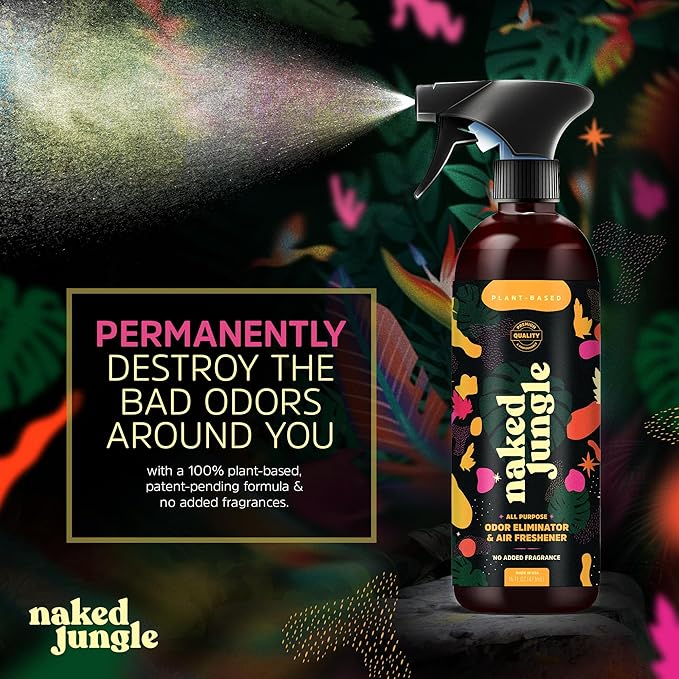 Naked Jungle Premium Plant-Based Odor Eliminator for Strong Odors, Air Freshener Spray, Non Toxic Air Fresheners For Home, Room Deodorizer, No Added Fragrances (16oz, 24oz & 32oz)
