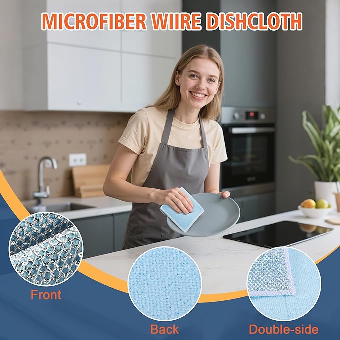 2-Sided Cleaning Dish Towels for Kitchen Microfiber Wash Cloths,15pcs Non Scratch Wire Dishcloth,Wire Dishcloth Home Essentials-Reusable Steel Wool Scrubber Washcloths,Set for Pans Sinks & Cookware