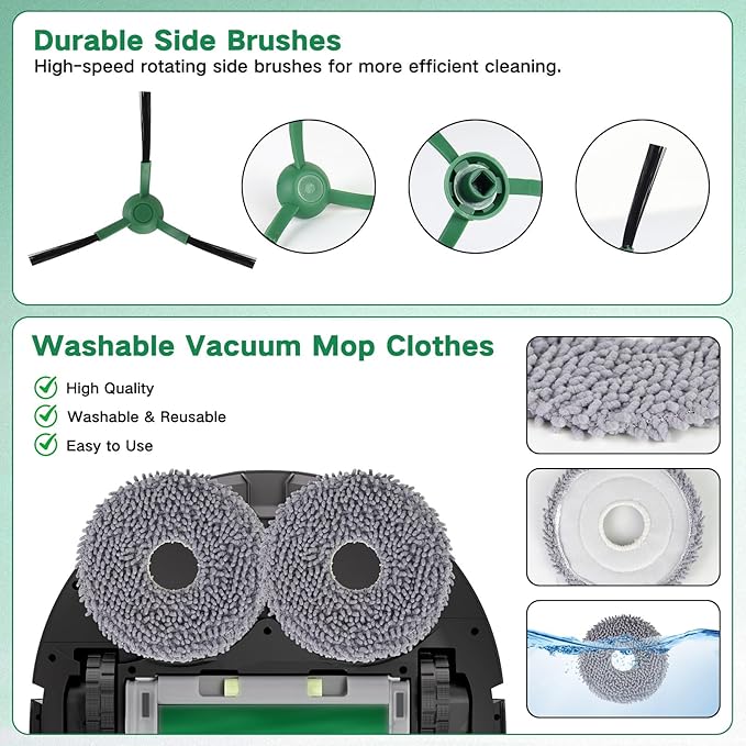 Replacement Parts for iRobot Roomba Plus 405 (G181/G185) Combo, Plus 505/507 Combo Robot Vacuum Cleaner Accessories, 2 Roller Brushes, 3 Filters, 4 Mop Pads, 6 Side Brushes, 6 Vacuum Bags