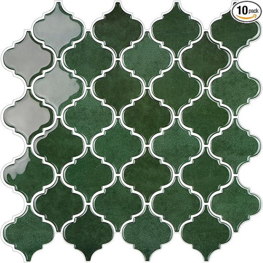 Arabesque Peel and Stick Backsplash for Kitchen, Thicker Design 3D Self Adhesive Wall Tiles, 12"x12" Adhesive Wall Backsplash, Green 10-Sheet Stick on Tile for Kitchen and Bathroom