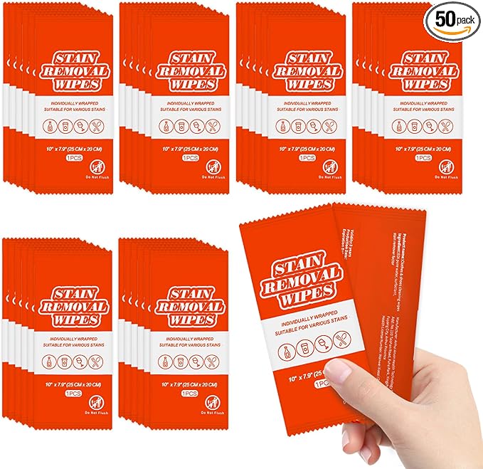 Stain Remover Wet Wipes Bulk, Individual Wrapped Stain Remover for Clothes Portable Travel Messy Eater Stain Removal Wipes Pocket Size for Clothing Fabric, Shoes, Wine, Fast Food (10 x 7.9 inch) (50)