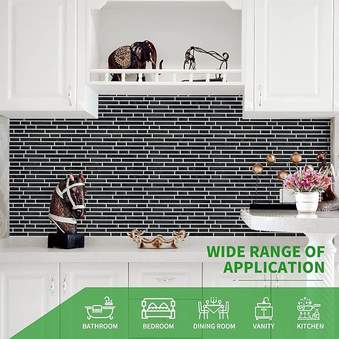 LONGKING 10-Sheet Self-Adhesive Peel and Stick Backsplash for Kitchen, Vinyl Decorative Tiles (Black)