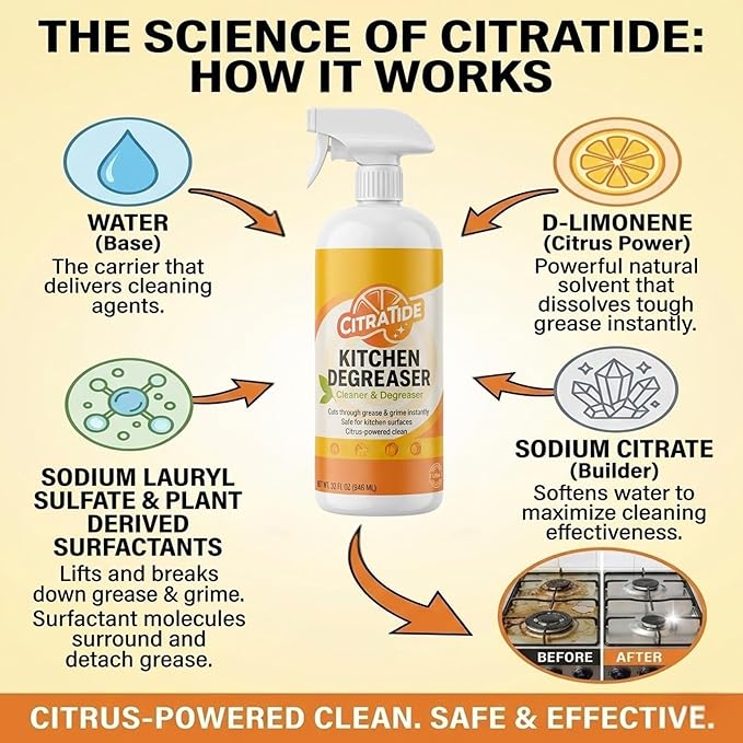 Kitchen Degreaser Spray – Heavy Duty Plant-Based Citrus Cleaner for Countertops, Stovetops & Appliances – Non-Toxic, USA Made (32 fl oz)