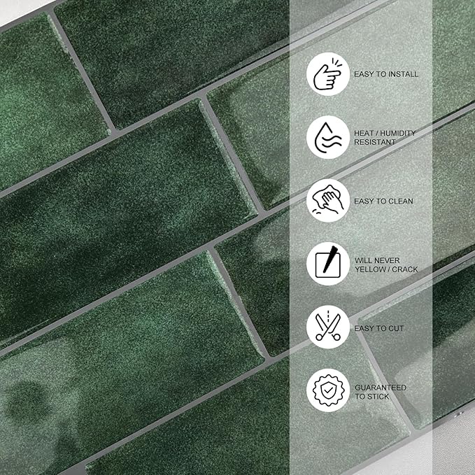 Subway Backsplash Tile Peel and Stick, Forest Green Self Adhesive Tiles for Kitchen, 10 Sheets Stick on Backsplash for Kitchen and Bathroom (11.56x8.38)