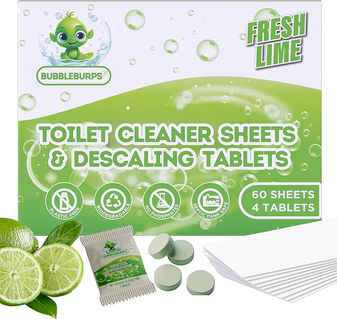 Toilet Cleaning Sheets & Descaler Tablets COMBO, 60 Toilet Bowl Cleaner Strips & 4 Toilet Stain & Ring Remover Tablets, Plastic Free, No Harsh Chemicals, Septic & Gray Water Safe, No Mess