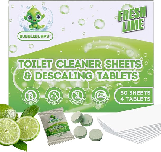 Toilet Cleaning Sheets & Descaler Tablets COMBO, 60 Toilet Bowl Cleaner Strips & 4 Toilet Stain & Ring Remover Tablets, Plastic Free, No Harsh Chemicals, Septic & Gray Water Safe, No Mess
