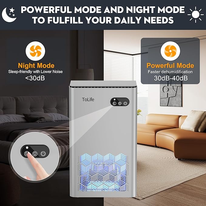 ToLife Dehumidifier for Home, 1000 sq.ft Dehumidifiers for Basement Bedroom Bathroom with 95 OZ Water Tank, Auto Shut Off 7 Colors LED Light, Silver