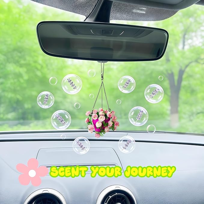 Car Air Freshener Hanging & Vent Clip - Handmade Car Fragrance with Floral Pot Design, Car Scent for Rear View Mirror Accessories, Automotive Air Fresheners That Make Car Smell Good(red rose)