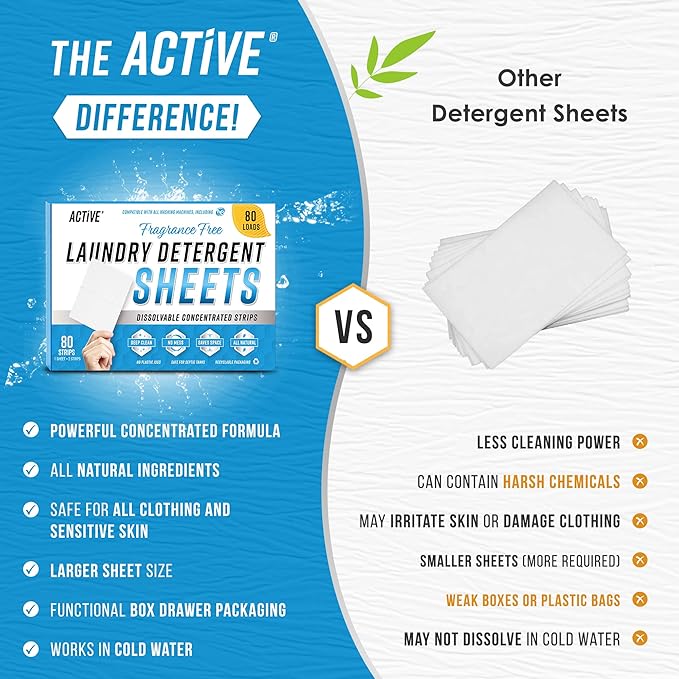 ACTIVE Laundry Detergent Sheets Eco Washing Strips - 80 Loads, Free & Clear Liquidless Clothes Washer Sheet, Zero Waste Travel Laundry Strip, Dissolvable Space Saving Sheets For HE - Fragrance Free