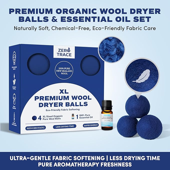 Zero Trace Wool Dryer Balls - Dryer Balls Laundry Reusable - Eliminate Wrinkles Static & Lint – Cruelty Free & Non-Toxic - Laundry Balls for Dryer -Fabric Softener Ball – Wool Balls with Fragrance Oil