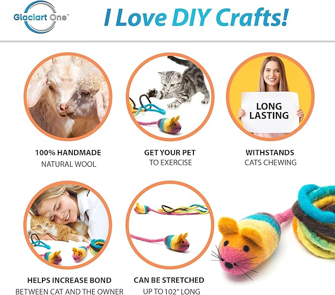 Glaciart One Felt Mouse Cat Toy – Soft Fuzzy Enrichment 100% Natural Wool - Interactive Catnip Play Cat Toy Set - Safe for Pets, Non-AZO Colored Dyes - 100” Long