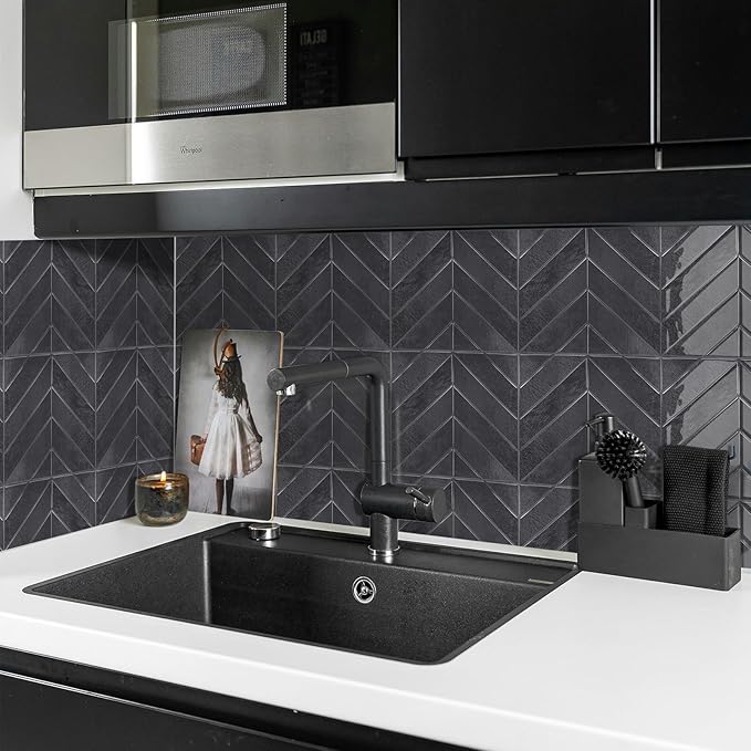 Peel and Stick Backsplash for Kitchen,New Upgrade Herringbone Premium Tiles,Stick on Subway Tile Peel and Stick for Bathroom,Black 10-Sheet.