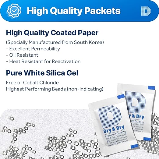 Dry & Dry 2 Gram [1000 Packets] Silica Gel Packets Desiccants, Silica Packets - Rechargeable Moisture Absorbers for Food Storage, Electronics, 3D Filament & Safes