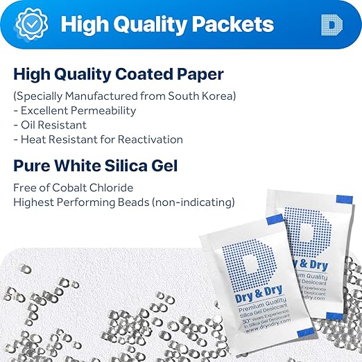 Dry & Dry 2 Gram [100 Packets] Silica Gel Packets Desiccants, Silica Packets - Rechargeable Moisture Absorbers for Food Storage, Electronics, 3D Filament & Safes