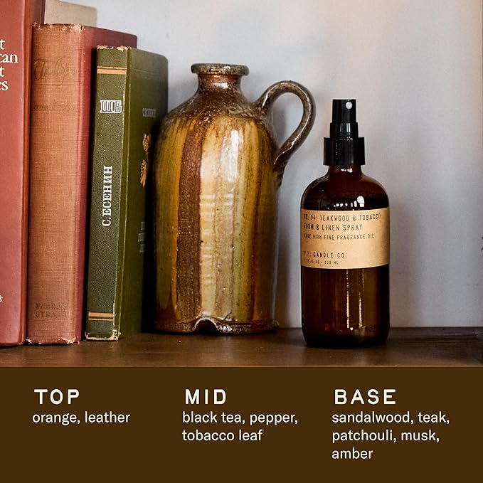 P.F. Candle Co. Teakwood & Tobacco Scented Room & Linen Spray (7.75 fl oz) Amber Glass Bottle, Fine Fragrance Oil, Quick Fabric and Air Refresher, Made In The U.S.A.
