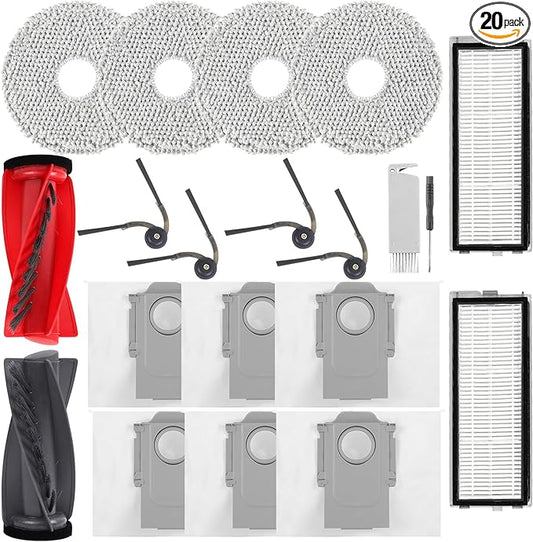 20 Pack Qrevo S5V Accessories Replacement Parts for Roborock Qrevo S5V /Curv/Curv S5X / Edge/Edge S5A Vacuum Cleaner, 1 Main Brush, 4 Mop Cloth Pads, 4 Side Brushes, 2 HEPA Filters, 6 Bags, 2 tool
