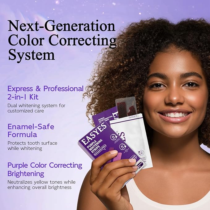 Purple Teeth Whitening Strips, Color Correcting White Kit, Peroxide-Free with Hydroxyapatite, Express & Professional Strips, Enamel Safe for Sensitive Teeth, Tooth Stain Remover (28 Strips)