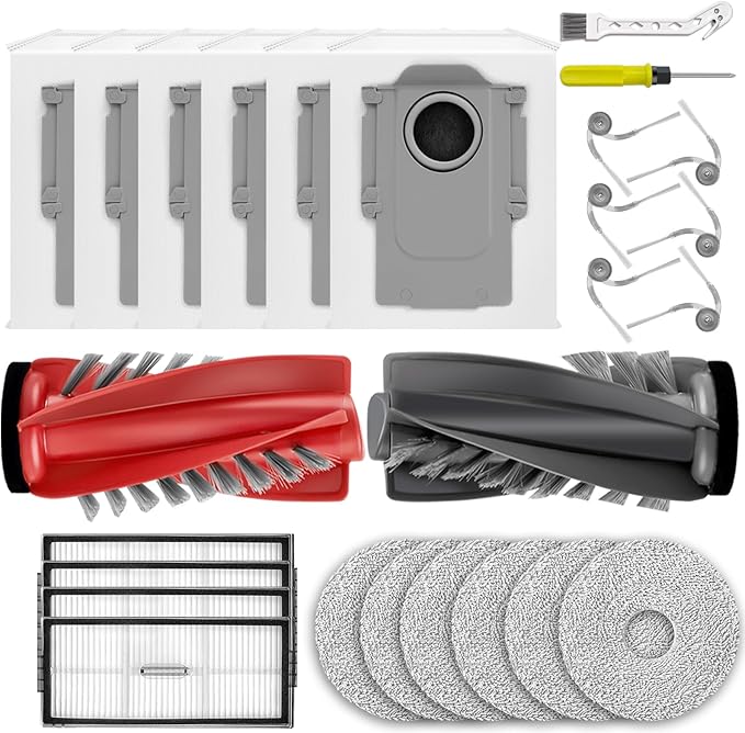 25 PCS Saros 10R Accessories Kit Compatible with Roborock Saros 10R / Saros 20 Robot Vacuum,6 Activated Carbon Dust Bags,1 Set Main Brush, 4 HEPA Filters, 6 Mop Pads, 6 Side Brushes