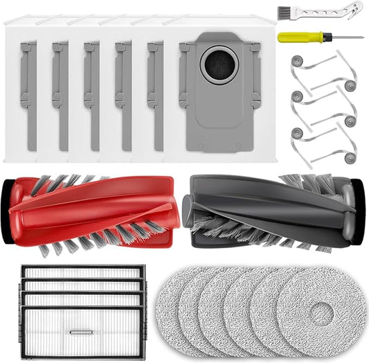 25 PCS Saros 10R Accessories Kit Compatible with Roborock Saros 10R / Saros 20 Robot Vacuum,6 Activated Carbon Dust Bags,1 Set Main Brush, 4 HEPA Filters, 6 Mop Pads, 6 Side Brushes