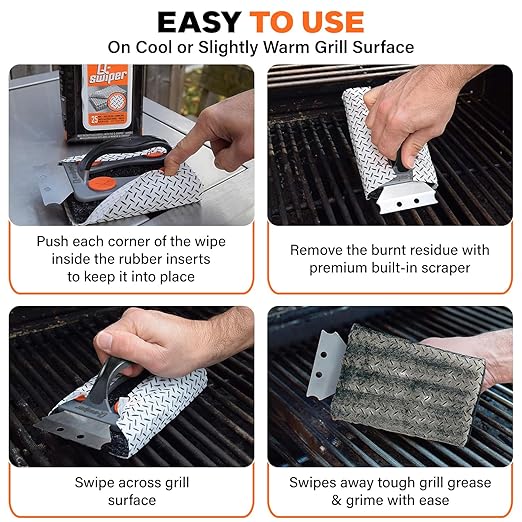 Proud Grill Q-Swiper BBQ Grill Cleaner Set - 1 Grill Brush with Scraper and 25 BBQ Grill Cleaning Wipes, Bristle-Free & Wire-Less, Safe Way to Remove Grease and Grime for A Clean and Healthy Grill
