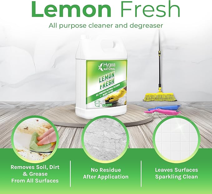 Hygea Natural Lemon Fresh All Purpose Cleaner - Multi-Surface & Floor Cleaner - Removes Soil, Dirt & Grease - Wet Gloss Finish - pH-Neutral & Ammonia Free (128oz Gallon)