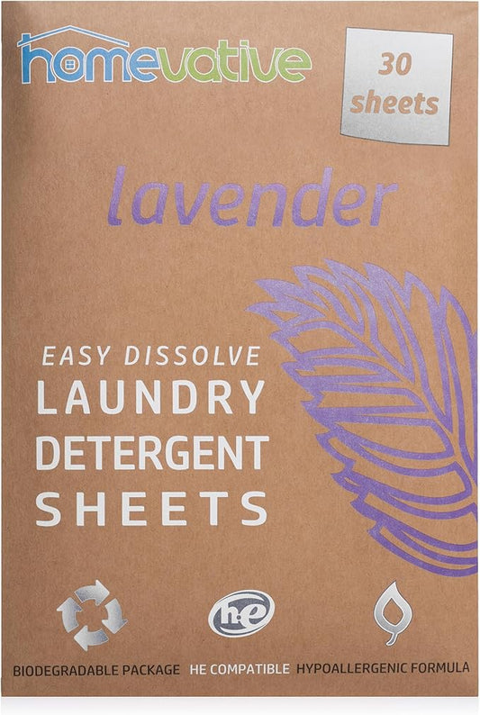 Homevative Laundry Detergent Sheets, 30 Sheets, Up to 60 Loads, Easy Dissolve, Lavender, Eco package, HE Compatible, Septic friendly, Great for travel, college, laundromat and at home