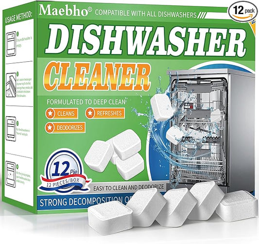 Dishwasher Cleaner and Deodorizer Tablets-12 Pack, Heavy Duty Deep Cleaning Descaler Pods for Dish Washer Machine, Removes Limescale, Odor, Grease, and Hard Water Stains, Septic Safe
