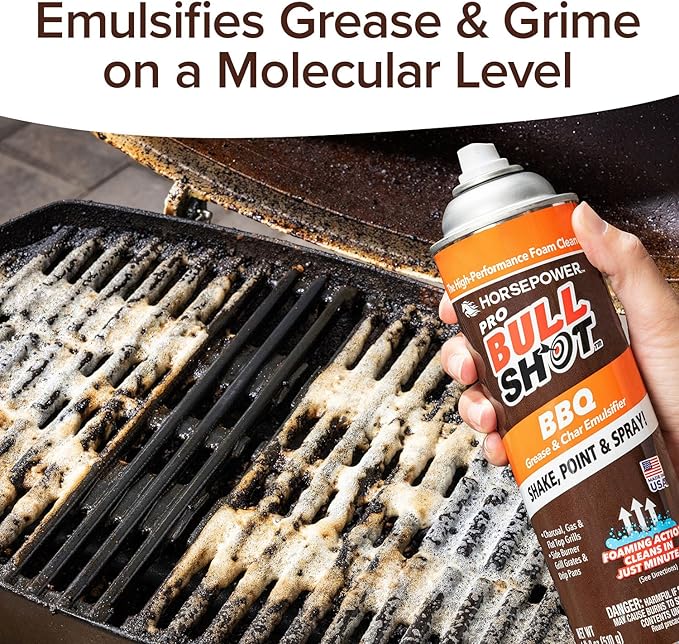 Bull Shot BBQ Pro, Foaming Grill Cleaner, AS SEEN ON TV, Professional Strength Foam Spray Emulsifies Burnt Grease & Char on Grates, Racks, Pans, Smokers & Griddles Cleans in Just 10 Min - Made in USA
