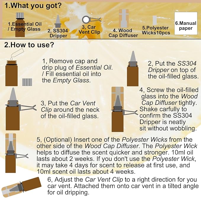 Lemon Car Scent 30 Days’ Refillable Odor Fighting Non-toxic Strong Natural Fresh Fragrance, Vent Clip Wood Diffuser & Pure Essential Oils Auto Air Freshener (1x Beech Diffuser + 10ml Oil)