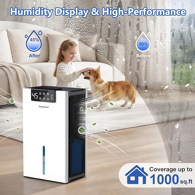 Dehumidifier, 98OZ Dehumidifiers for Home(1000sq.ft), Humidity Display Dehumidifier for Basement Bathroom Bedroom, Auto Shut Off, Washable Filter, Drain Hose, Timer, 7 Ambient Lights, White